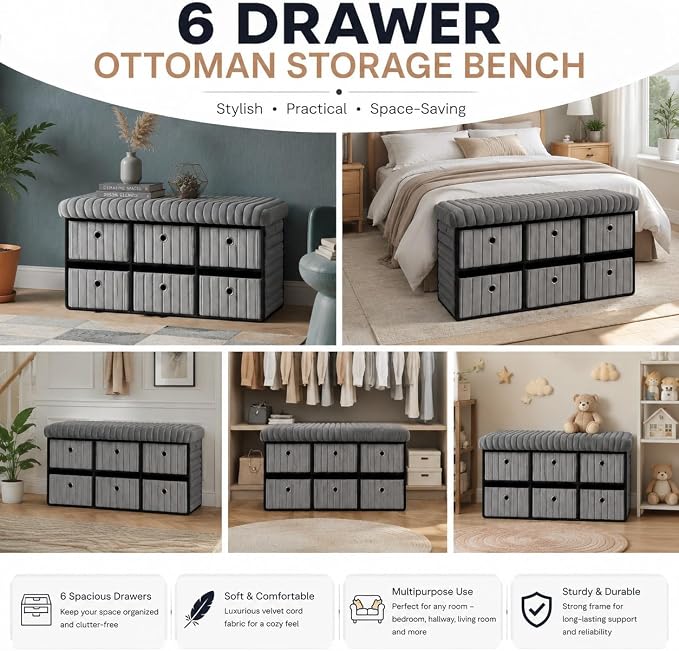 6 Drawer Ottoman Storage Bench with Velvet Cord Finish  Fabric Storage Chest, Padded Footstool Seat, Multipurpose Bedroom, Living Room & Hallway