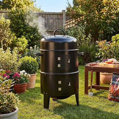 Stacker Smoker BBQ Grill & Fire Pit with Lid Thermometer  Heavy Duty Charcoal Barbecue Grill, Adjustable Air Vents, Outdoor Garden Patio Smoker & Roaster
