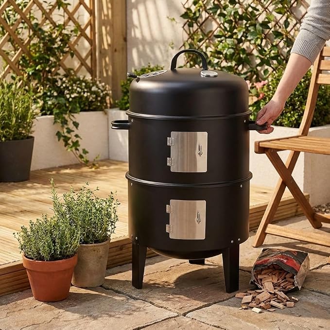 Stacker Smoker BBQ Grill & Fire Pit with Lid Thermometer  Heavy Duty Charcoal Barbecue Grill, Adjustable Air Vents, Outdoor Garden Patio Smoker & Roaster