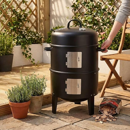 Stacker Smoker BBQ Grill & Fire Pit with Lid Thermometer  Heavy Duty Charcoal Barbecue Grill, Adjustable Air Vents, Outdoor Garden Patio Smoker & Roaster