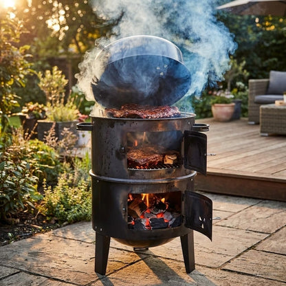 Stacker Smoker BBQ Grill & Fire Pit with Lid Thermometer  Heavy Duty Charcoal Barbecue Grill, Adjustable Air Vents, Outdoor Garden Patio Smoker & Roaster