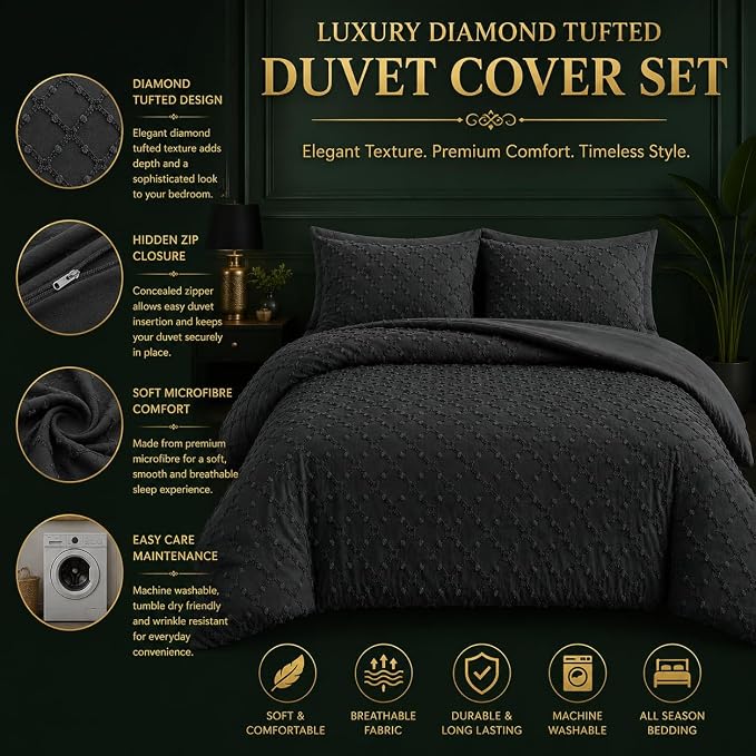 Double Duvet Cover Set Beige Tufted Bedding Set with 2 Pillowcases | Soft  Textured Geometric Quilt Cover with Hidden Zip