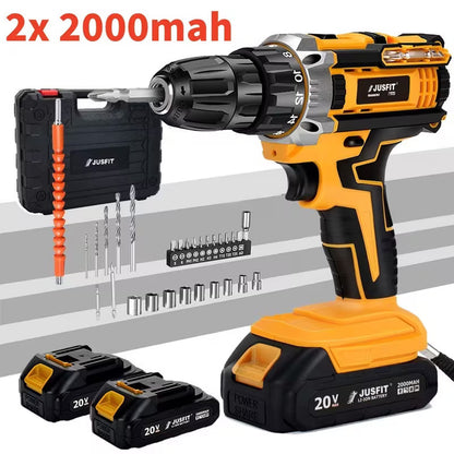 Cordless Hammer Impact Drill Driver Kit with 2 x 2000mAh Batteries, 29 Piece Accessory Set, 25+3 Torque Settings, LED Work Light & Fast Charger for DIY and Home Repairs