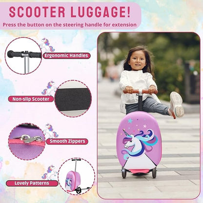 2 in 1 Kids Scooter Suitcase Cabin Approved  Foldable Ride On Travel Luggage with Non Slip Deck, Lightweight 18 Inch Carry-On Suitcase for Children 5+ Years