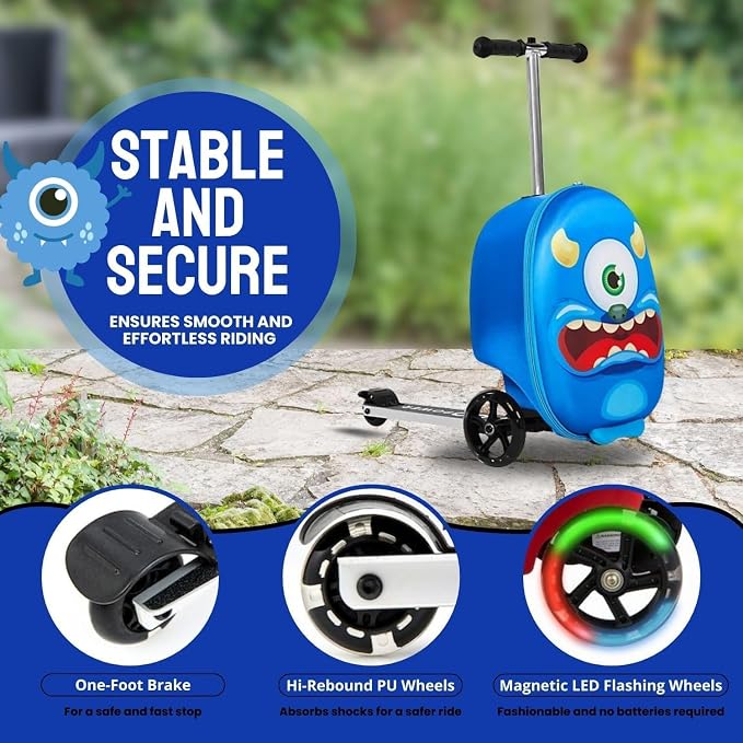 2 in 1 Kids Scooter Suitcase Cabin Approved  Foldable Ride On Travel Luggage with Non Slip Deck, Lightweight 18 Inch Carry-On Suitcase for Children 5+ Years