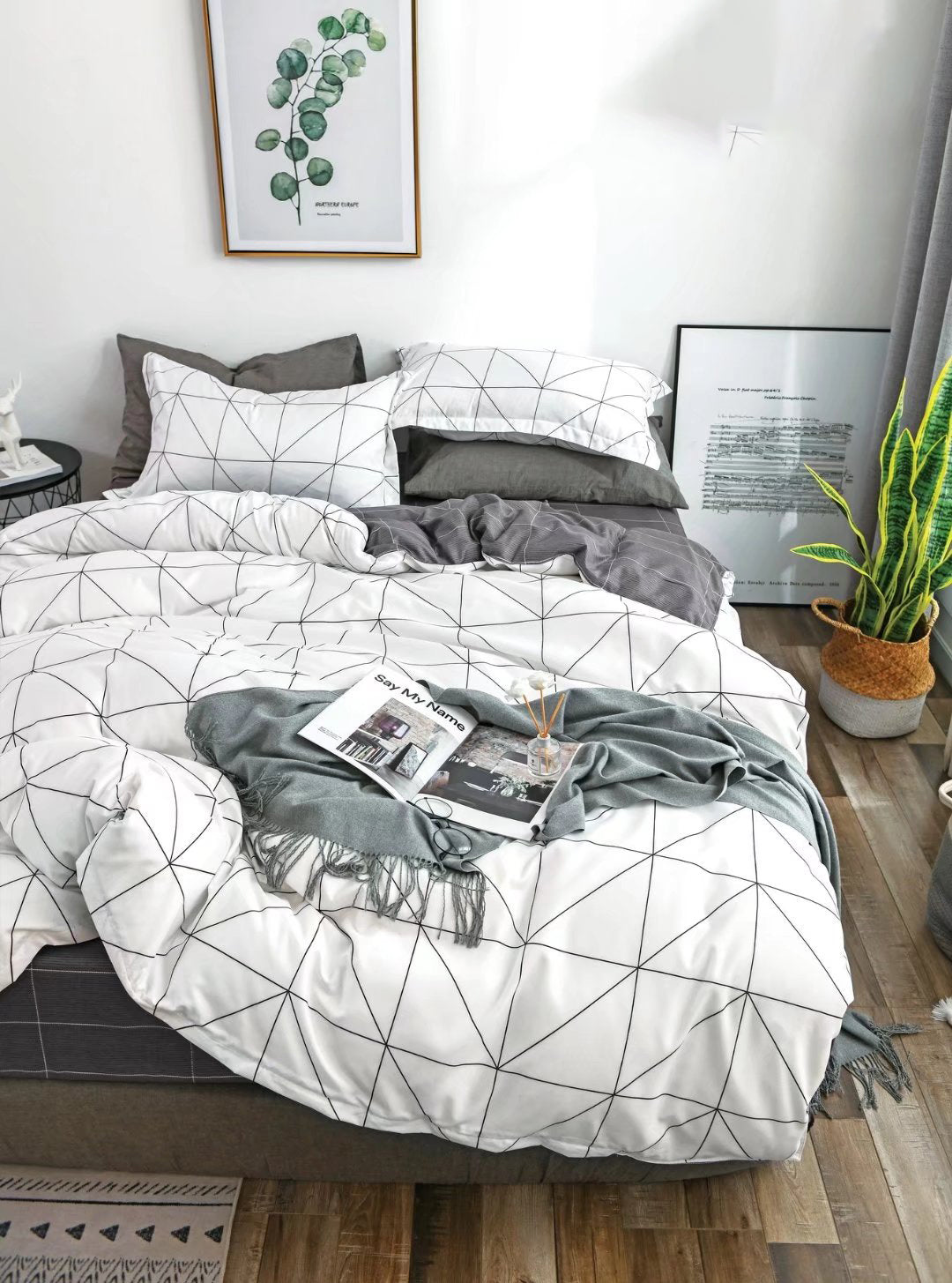 Printed Microfibre Duvet Cover Set Reversible Geometric Bedding