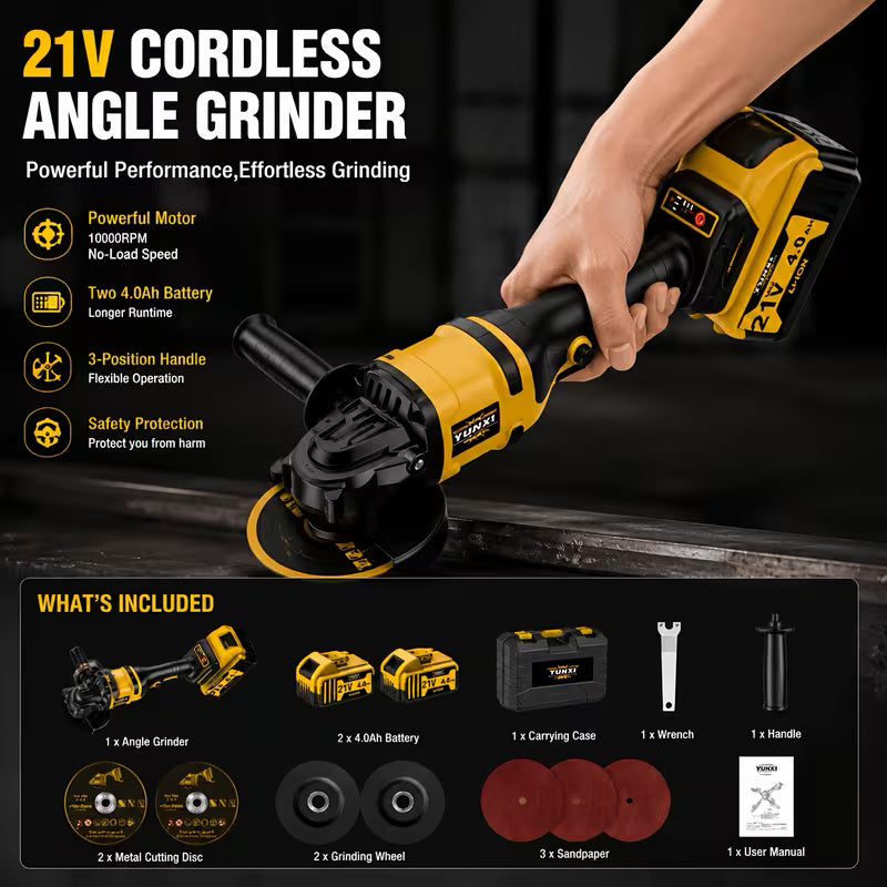 Cordless Angle Grinder with Lithium Battery, Compact Electric Grinding & Polishing Tool with Side Handle, Portable Power Tool for Metal Cutting, Surface Finishing & DIY Projects