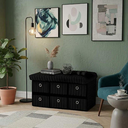 6 Drawer Ottoman Storage Bench with Velvet Cord Finish  Fabric Storage Chest, Padded Footstool Seat, Multipurpose Bedroom, Living Room & Hallway