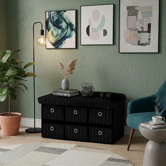 6 Drawer Ottoman Storage Bench with Velvet Cord Finish  Fabric Storage Chest, Padded Footstool Seat, Multipurpose Bedroom, Living Room & Hallway