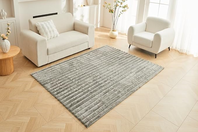 Luxury Faux Fur Shaggy Area Rug  Ultra Soft Plush Striped Non Slip Floor Carpet for Living Room, Bedroom, Lounge & Nursery  120 x 170cm