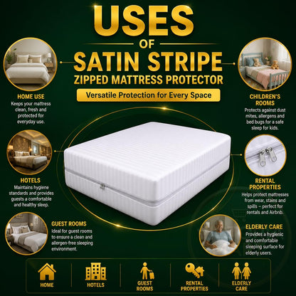 Satin Stripe Zipped Mattress Protector 30cm Deep Full Encasement Mattress Cover | Double Side Zip, Breathable & Hypoallergenic