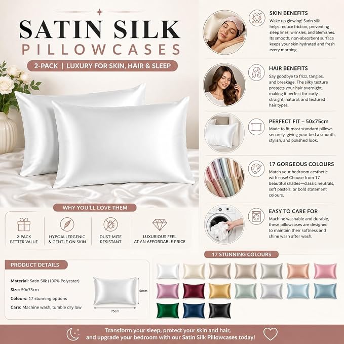 2 Pack Satin Pillowcases 50x75cm Standard UK Size  Soft 100% Polyester Satin Pillow Covers with Envelope Closure, Smooth Lightweight Machine Washable Bedding Pillowcase Set for Home & Bedroom