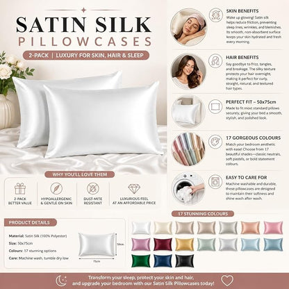2 Pack Satin Pillowcases 50x75cm Standard UK Size  Soft 100% Polyester Satin Pillow Covers with Envelope Closure, Smooth Lightweight Machine Washable Bedding Pillowcase Set for Home & Bedroom