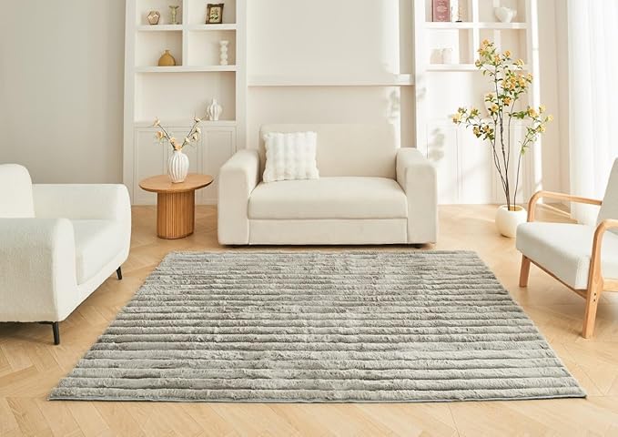 Luxury Faux Fur Shaggy Area Rug  Ultra Soft Plush Striped Non Slip Floor Carpet for Living Room, Bedroom, Lounge & Nursery  120 x 170cm
