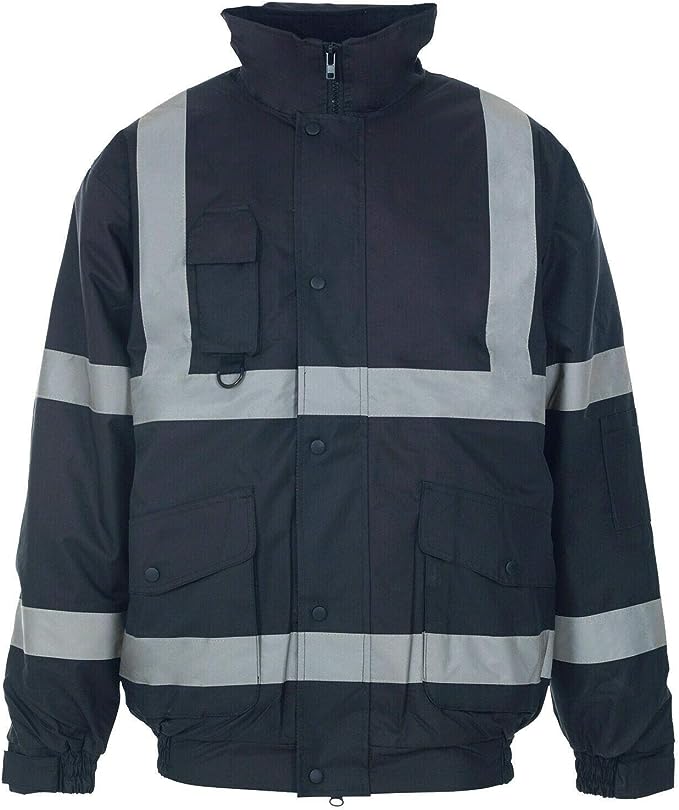 Mens Hi-Viz Vis High Visibility Bomber Safety Zip Jacket Security Work Hood Coat