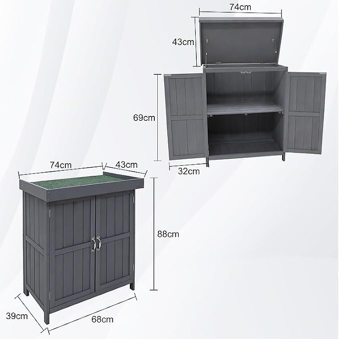 Wooden Garden Potting Shed with Lift Up Roof & Double Doors Outdoor Garden Storage Cabinet with Shelf Compact Wooden Tool Storage for Patio, Balcony & Allotment