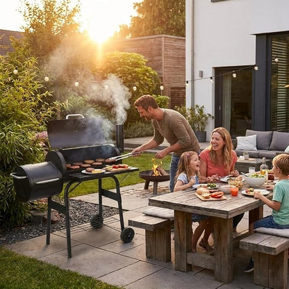 Outdoor Charcoal BBQ Grill with Rotisserie, Large Cooking Surface, Folding Side Tables & Wheels  Heavy Duty Garden Barbecue Smoker for Patio, Backyard & Outdoor Cooking