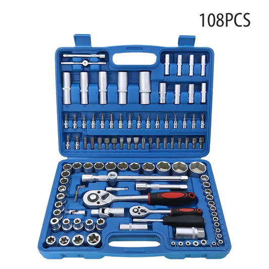 108 Piece Professional Socket Wrench Set with 1/4, 3/8 & 1/2 Drive Ratchets, Deep Sockets, Screwdriver Bits & Storage Case for Automotive Repair, DIY & Home Maintenance