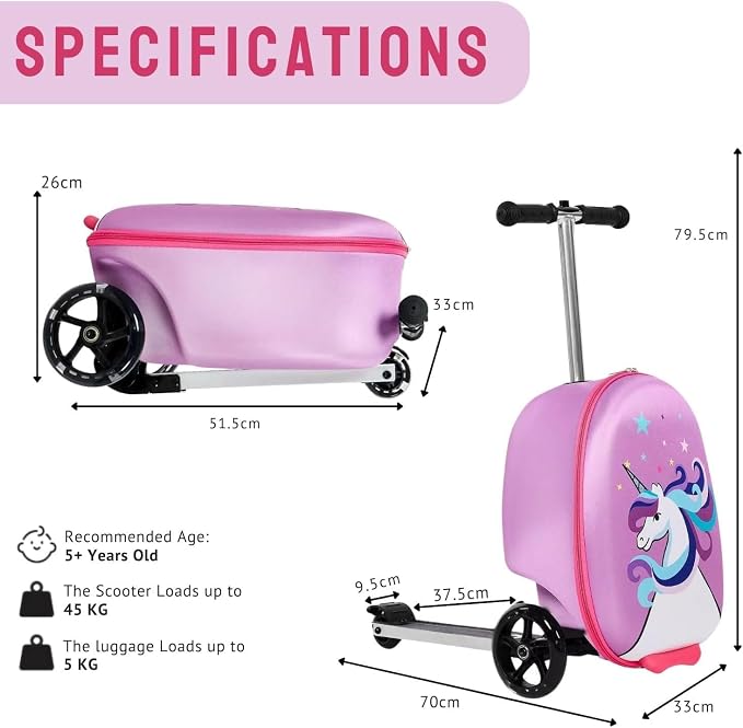2 in 1 Kids Scooter Suitcase Cabin Approved  Foldable Ride On Travel Luggage with Non Slip Deck, Lightweight 18 Inch Carry-On Suitcase for Children 5+ Years