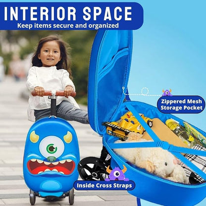 2 in 1 Kids Scooter Suitcase Cabin Approved  Foldable Ride On Travel Luggage with Non Slip Deck, Lightweight 18 Inch Carry-On Suitcase for Children 5+ Years