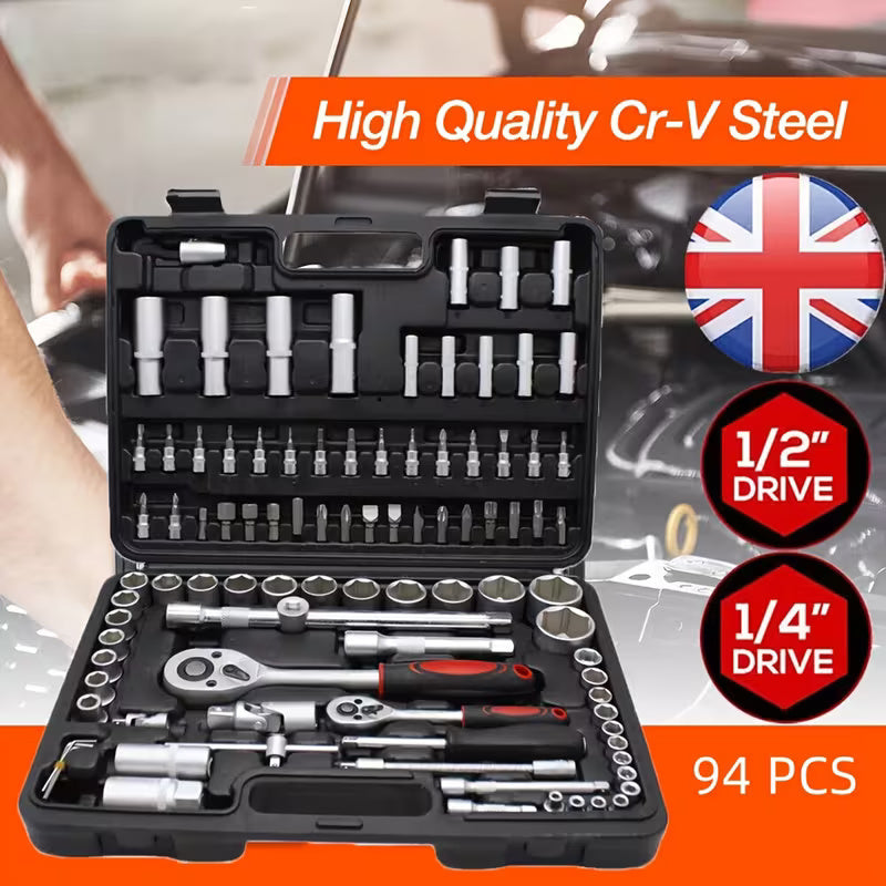 94 Piece Professional Socket Wrench Set with 1/2 & 1/4 Drive Ratchets, Chrome Vanadium Socket Kit, Heavy Duty Tool Box for Car, Motorcycle, Bicycle & Home Repairs