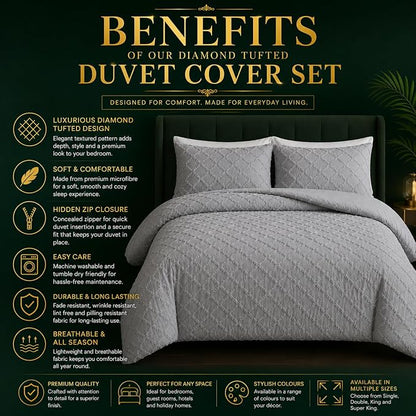 Double Duvet Cover Set Beige Tufted Bedding Set with 2 Pillowcases | Soft  Textured Geometric Quilt Cover with Hidden Zip