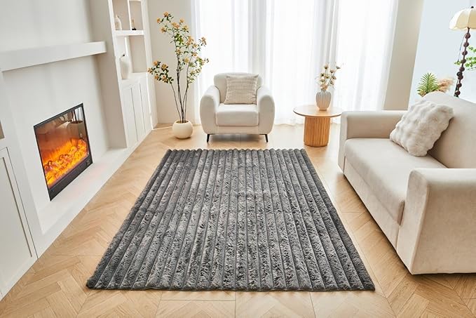 Luxury Faux Fur Shaggy Area Rug  Ultra Soft Plush Striped Non Slip Floor Carpet for Living Room, Bedroom, Lounge & Nursery  120 x 170cm