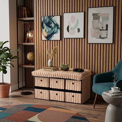 6 Drawer Ottoman Storage Bench with Velvet Cord Finish  Fabric Storage Chest, Padded Footstool Seat, Multipurpose Bedroom, Living Room & Hallway