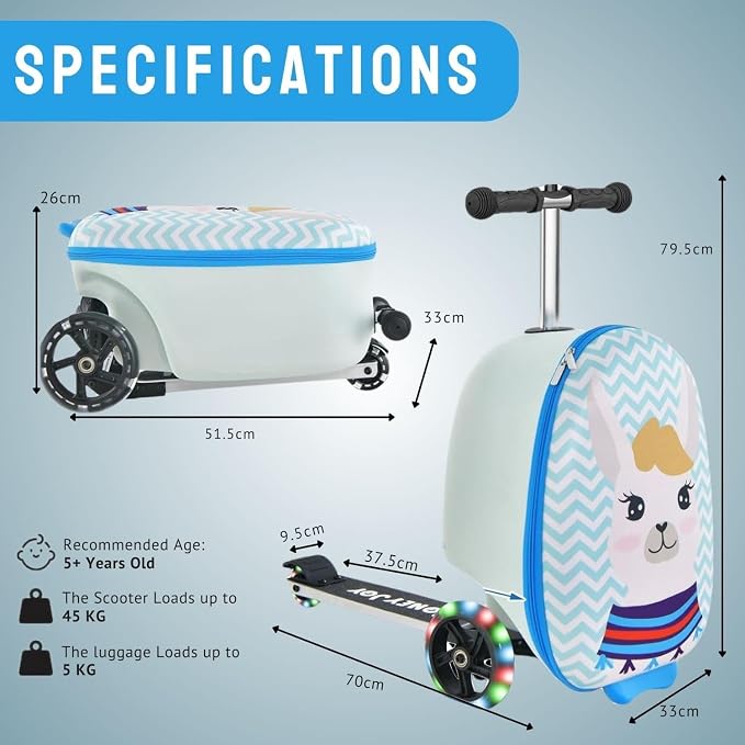 2 in 1 Kids Scooter Suitcase Cabin Approved  Foldable Ride On Travel Luggage with Non Slip Deck, Lightweight 18 Inch Carry-On Suitcase for Children 5+ Years