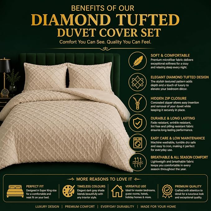 Double Duvet Cover Set Beige Tufted Bedding Set with 2 Pillowcases | Soft  Textured Geometric Quilt Cover with Hidden Zip