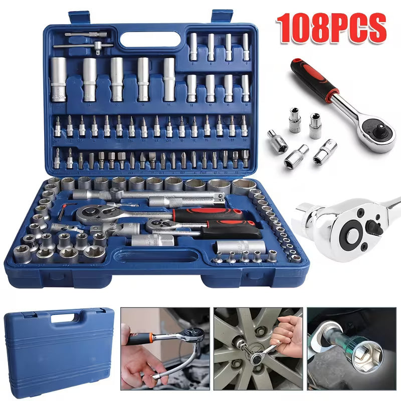 108 Piece Professional Socket Wrench Set with 1/4, 3/8 & 1/2 Drive Ratchets, Deep Sockets, Screwdriver Bits & Storage Case for Automotive Repair, DIY & Home Maintenance