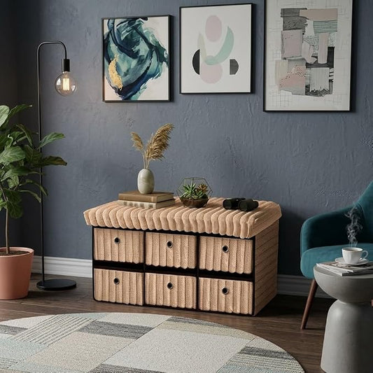 6 Drawer Ottoman Storage Bench with Velvet Cord Finish  Fabric Storage Chest, Padded Footstool Seat, Multipurpose Bedroom, Living Room & Hallway