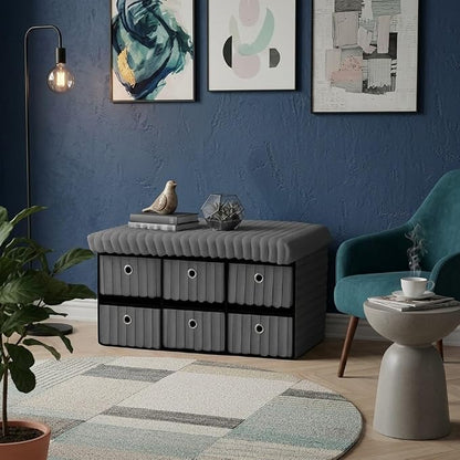 6 Drawer Ottoman Storage Bench with Velvet Cord Finish  Fabric Storage Chest, Padded Footstool Seat, Multipurpose Bedroom, Living Room & Hallway