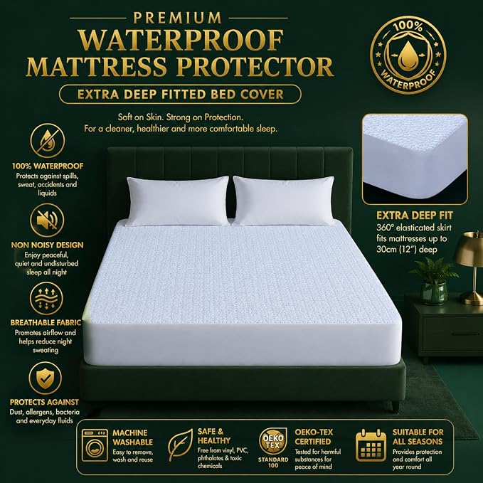 Small Double Waterproof Mattress Protector 30cm Deep Fitted Terry Mattress Cover | Breathable Anti Allergy Bed Protector
