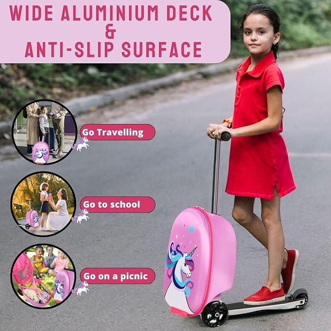 2 in 1 Kids Scooter Suitcase Cabin Approved  Foldable Ride On Travel Luggage with Non Slip Deck, Lightweight 18 Inch Carry-On Suitcase for Children 5+ Years