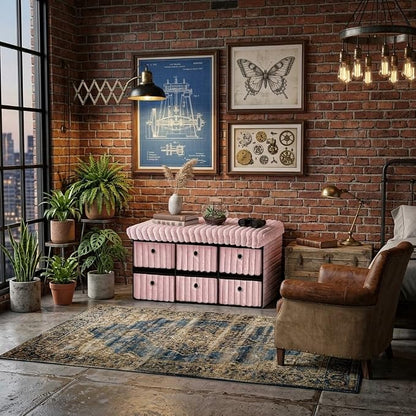 6 Drawer Ottoman Storage Bench with Velvet Cord Finish  Fabric Storage Chest, Padded Footstool Seat, Multipurpose Bedroom, Living Room & Hallway