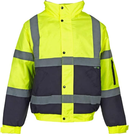Mens Hi-Viz Vis High Visibility Bomber Safety Zip Jacket Security Work Hood Coat