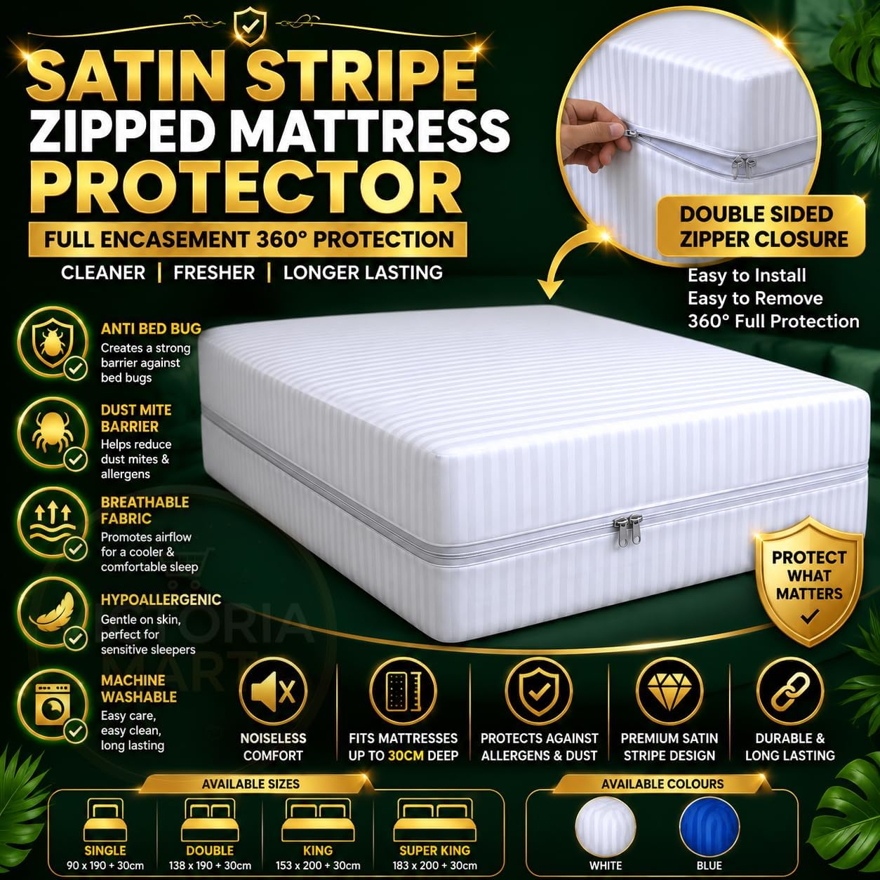 Satin Stripe Zipped Mattress Protector 30cm Deep Full Encasement Mattress Cover | Double Side Zip, Breathable & Hypoallergenic