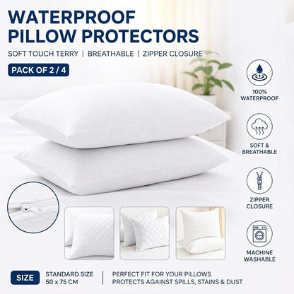 Pillow Protectors 2 Pack / 4 Pack Zippered Pillow Covers 50x75cm Soft Terry Breathable Machine Washable Bedding Protectors White