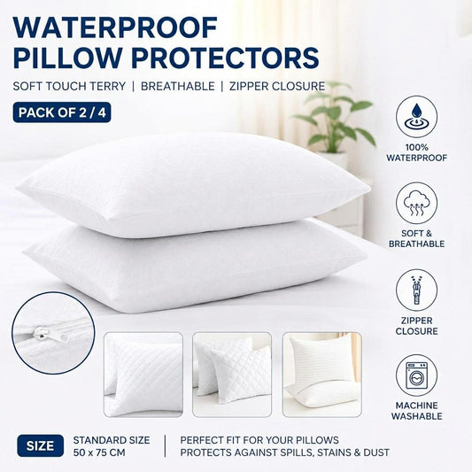 Pillow Protectors 2 Pack / 4 Pack Zippered Pillow Covers 50x75cm Soft Terry Breathable Machine Washable Bedding Protectors White