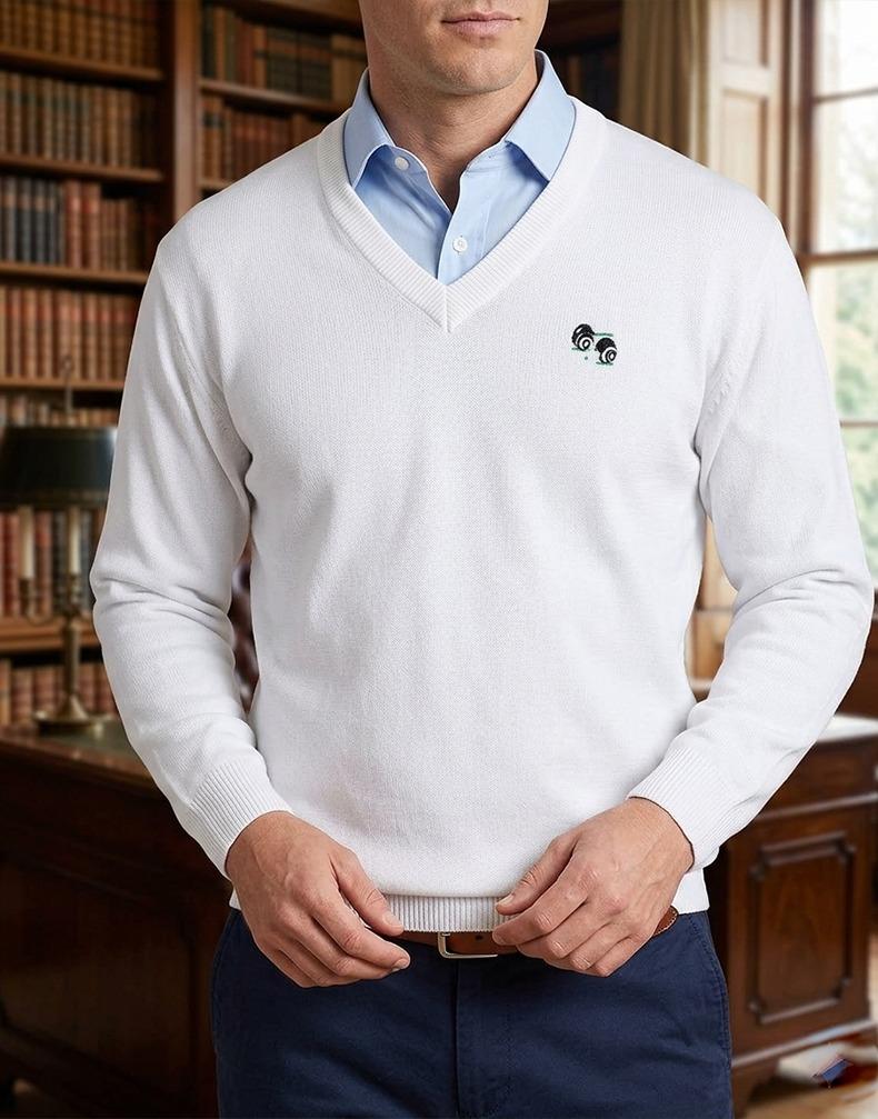 Men’s Lightweight White Sweater Bowling Golf Style Jumper Soft Knit Casual Top S–5XL Long Sleeve Breathable Fabric