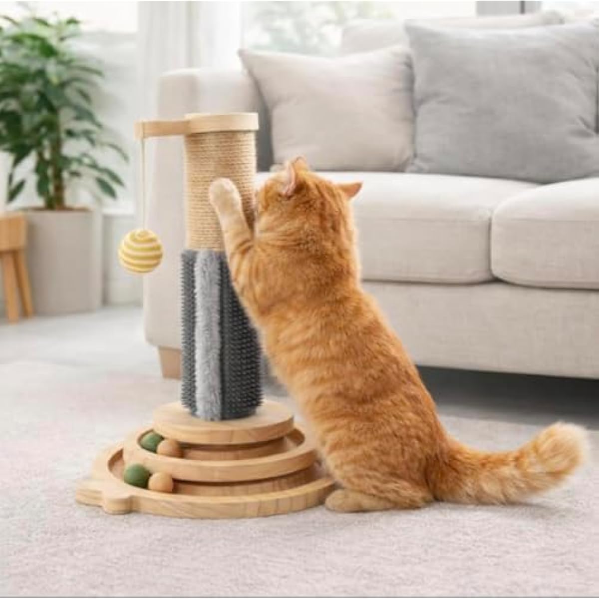 5-in-1 Wooden Cat Scratching Tower with Sisal Ramps & Interactive Balls – Indoor Cat Activity & Lounge Station