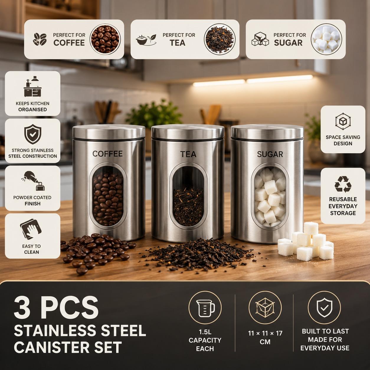 3 Piece Stainless Steel Kitchen Storage Canister Set with Lids 1.5L Coffee Tea Sugar Storage Containers Powder Coated Metal Kitchen Storage Jars