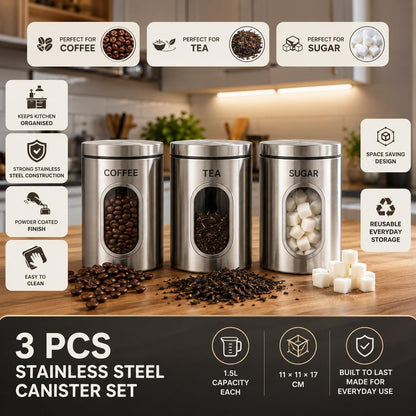 3 Piece Stainless Steel Kitchen Storage Canister Set with Lids 1.5L Coffee Tea Sugar Storage Containers Powder Coated Metal Kitchen Storage Jars