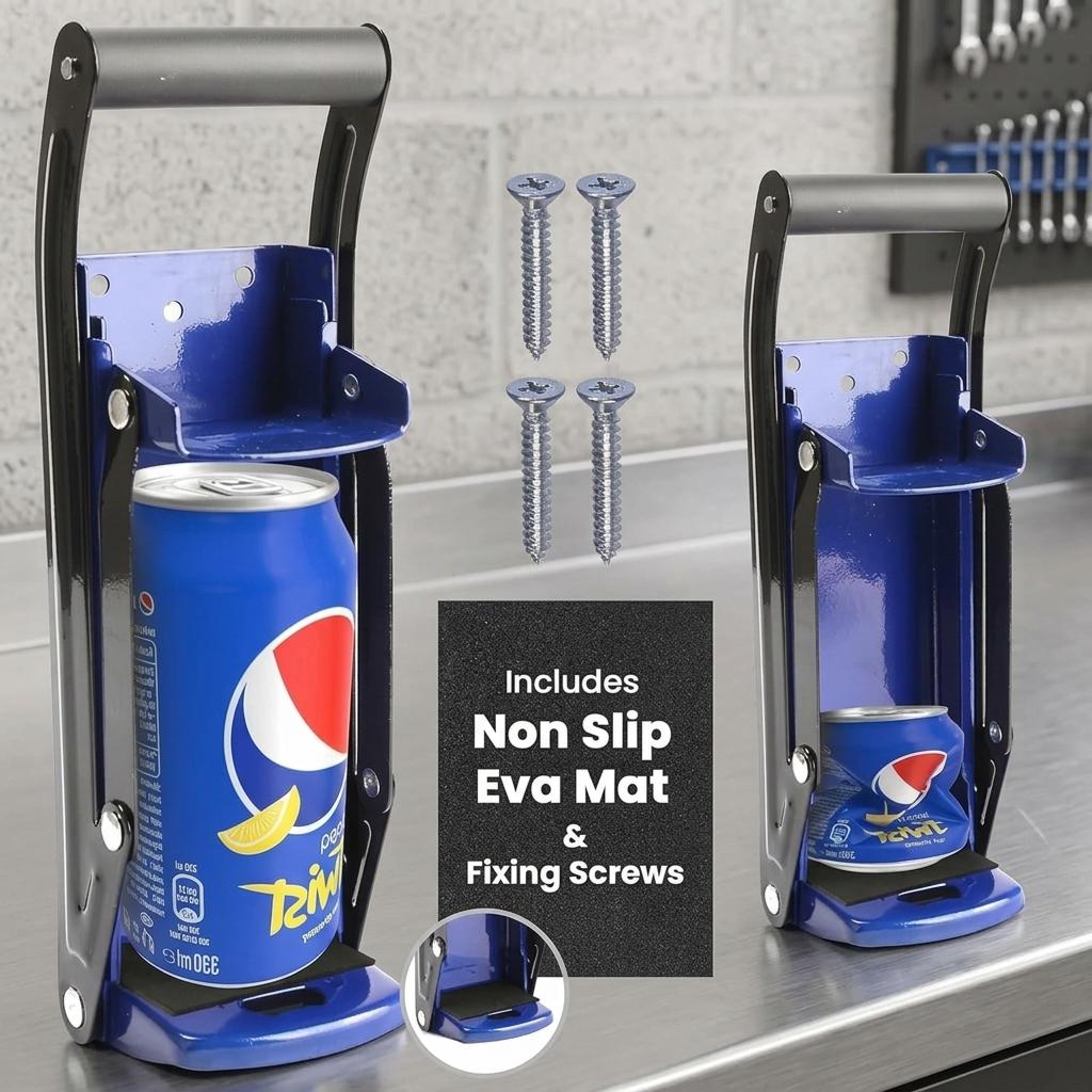 2 in 1 Wall Mounted Can Crusher & Bottle Opener Heavy Duty Metal Can Crusher with Soft Grip Handle Recycling Tool for Soda & Drink Cans Black & Blue