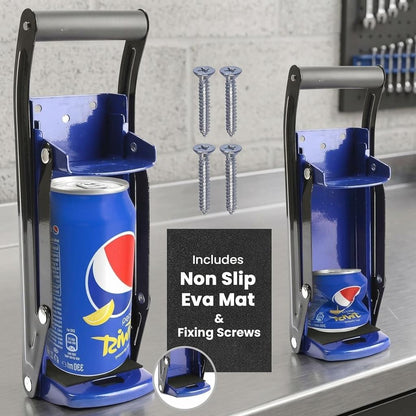 2 in 1 Wall Mounted Can Crusher & Bottle Opener Heavy Duty Metal Can Crusher with Soft Grip Handle Recycling Tool for Soda & Drink Cans Black & Blue