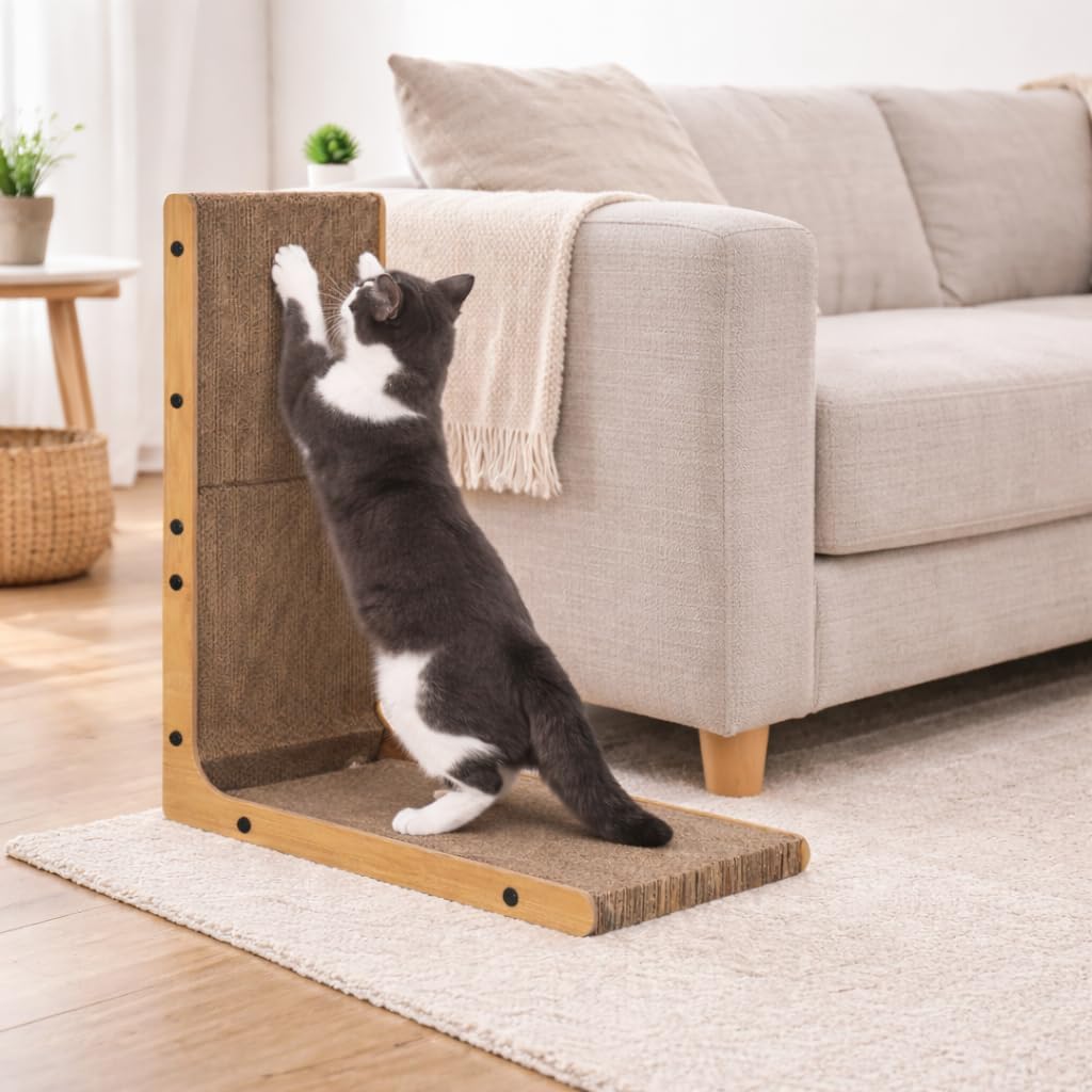 Cat Scratcher L-Shape with Ball Toy Vertical & Horizontal Corrugated Cardboard Scratching Post Wooden Frame Cat Scratch Pad for Indoor Cats