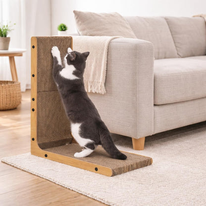 Cat Scratcher L-Shape with Ball Toy Vertical & Horizontal Corrugated Cardboard Scratching Post Wooden Frame Cat Scratch Pad for Indoor Cats