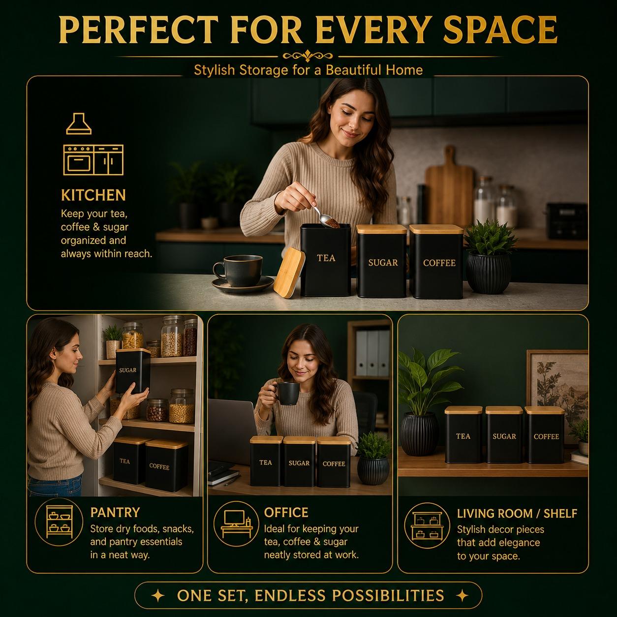 3 Piece Kitchen Storage Canister Set with Bamboo Lids Square Metal Food Storage Containers for Tea, Coffee & Sugar Utensils