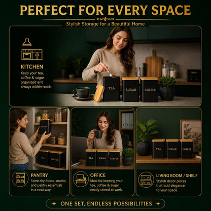 3 Piece Kitchen Storage Canister Set with Bamboo Lids Square Metal Food Storage Containers for Tea, Coffee & Sugar Utensils